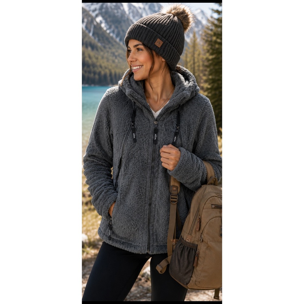 KUHL Flight Jacket Womens Large Grey Fleece Full Zip Hooded Coat 2015 Charcoal